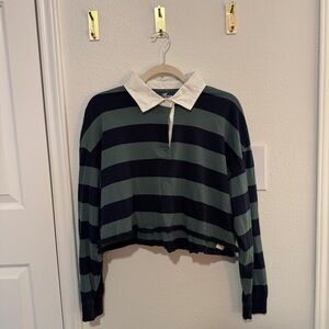 Hollister Navy and Olive Striped Crop Top with White Collar